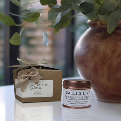 Custom luxury retirement congratulations gift box featuring a humorous coworker farewell candle and matching home fragrance diffuser by Hideaway Home Fragrances.