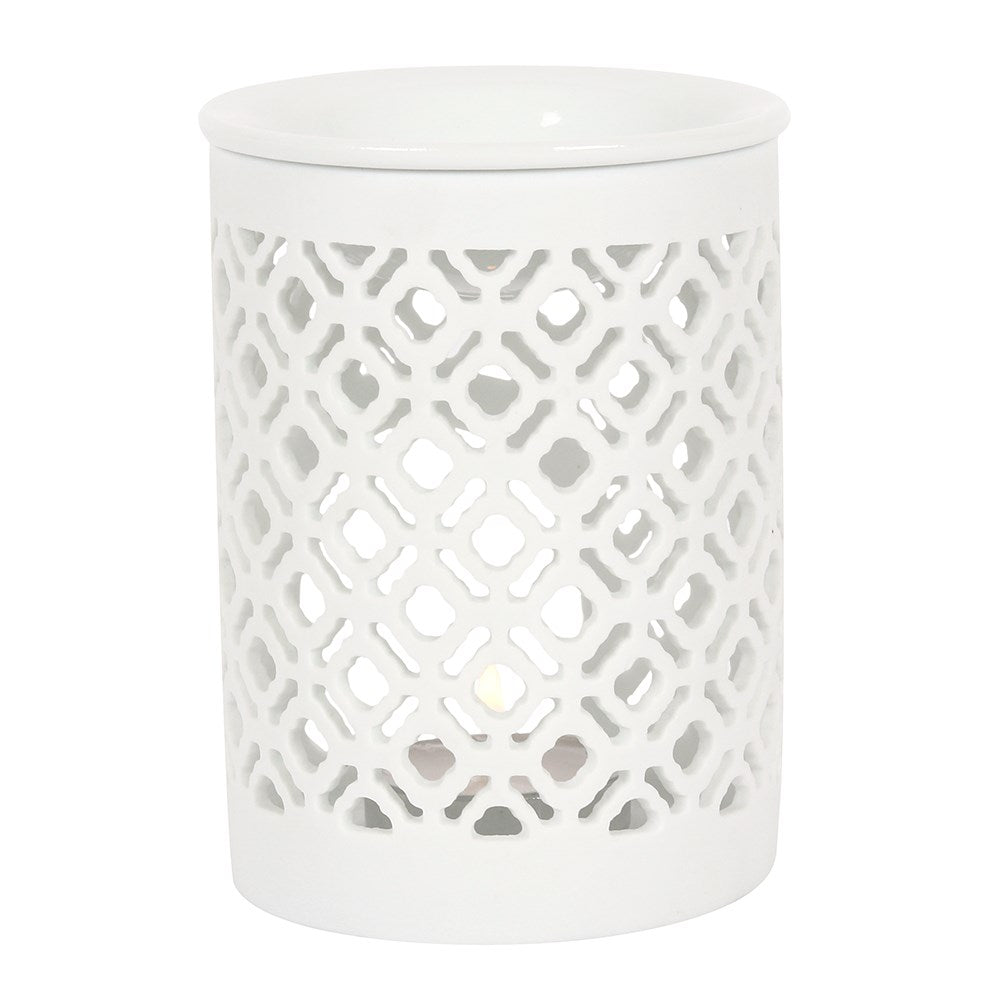 White Lattice Tea Light Wax Melt Burner - Hideaway Home Fragrances