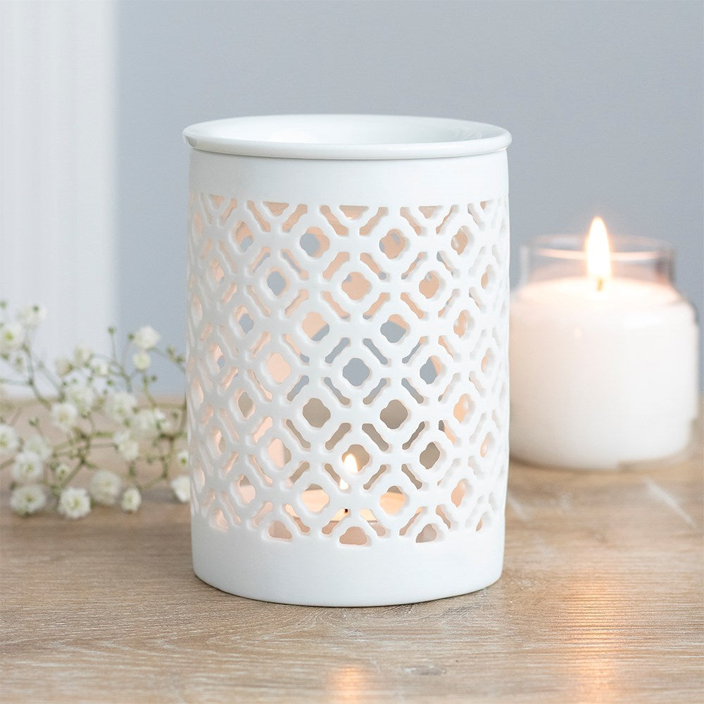 White Lattice Tea Light Wax Melt Burner - Hideaway Home Fragrances