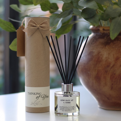 Personalised "One Day at a Time" encouragement gift set featuring a luxury scented candle and reed diffuser – Hideaway Home Fragrances