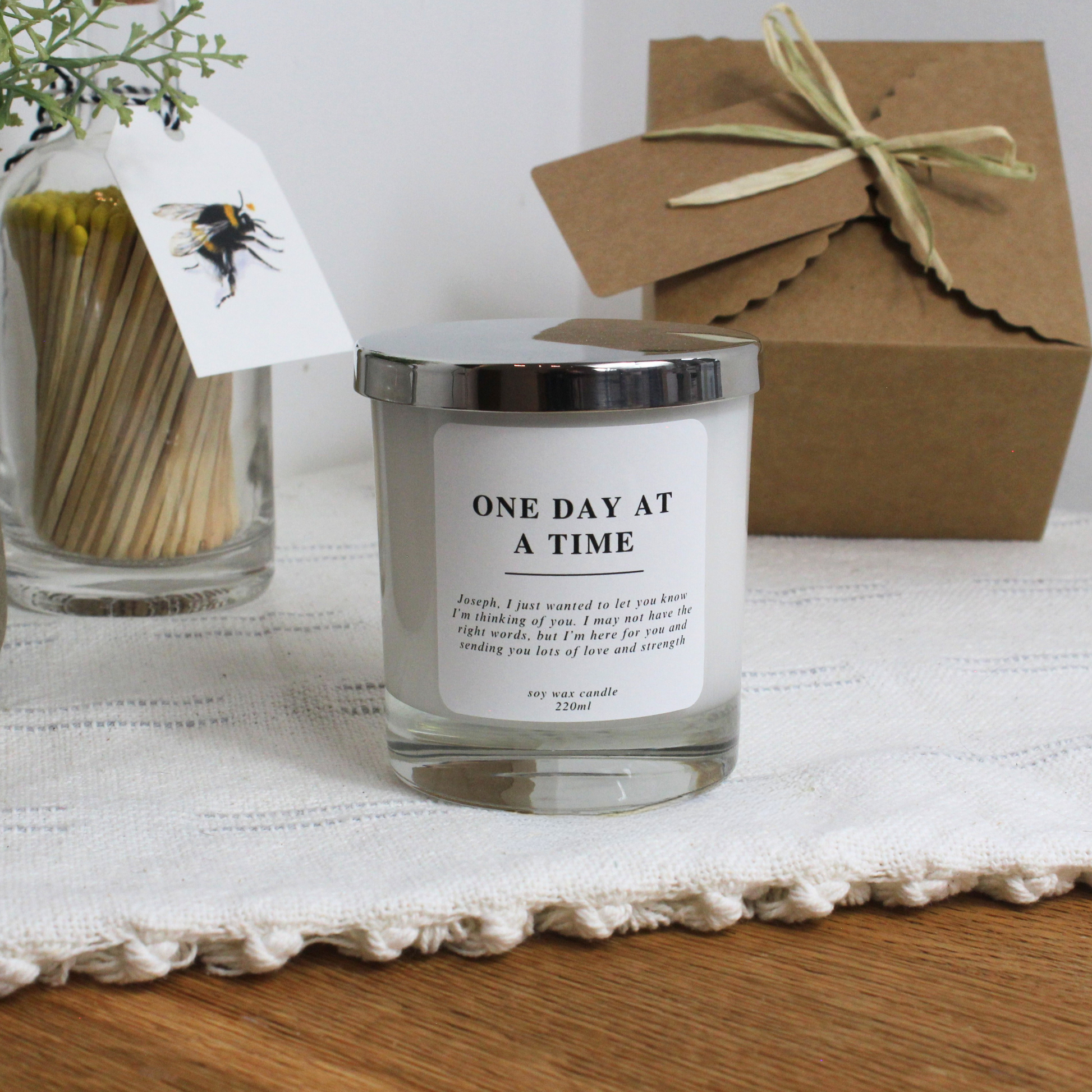 Personalised Candle Gift with Encouraging Message One Day at a Time – Hideaway Home Fragrances