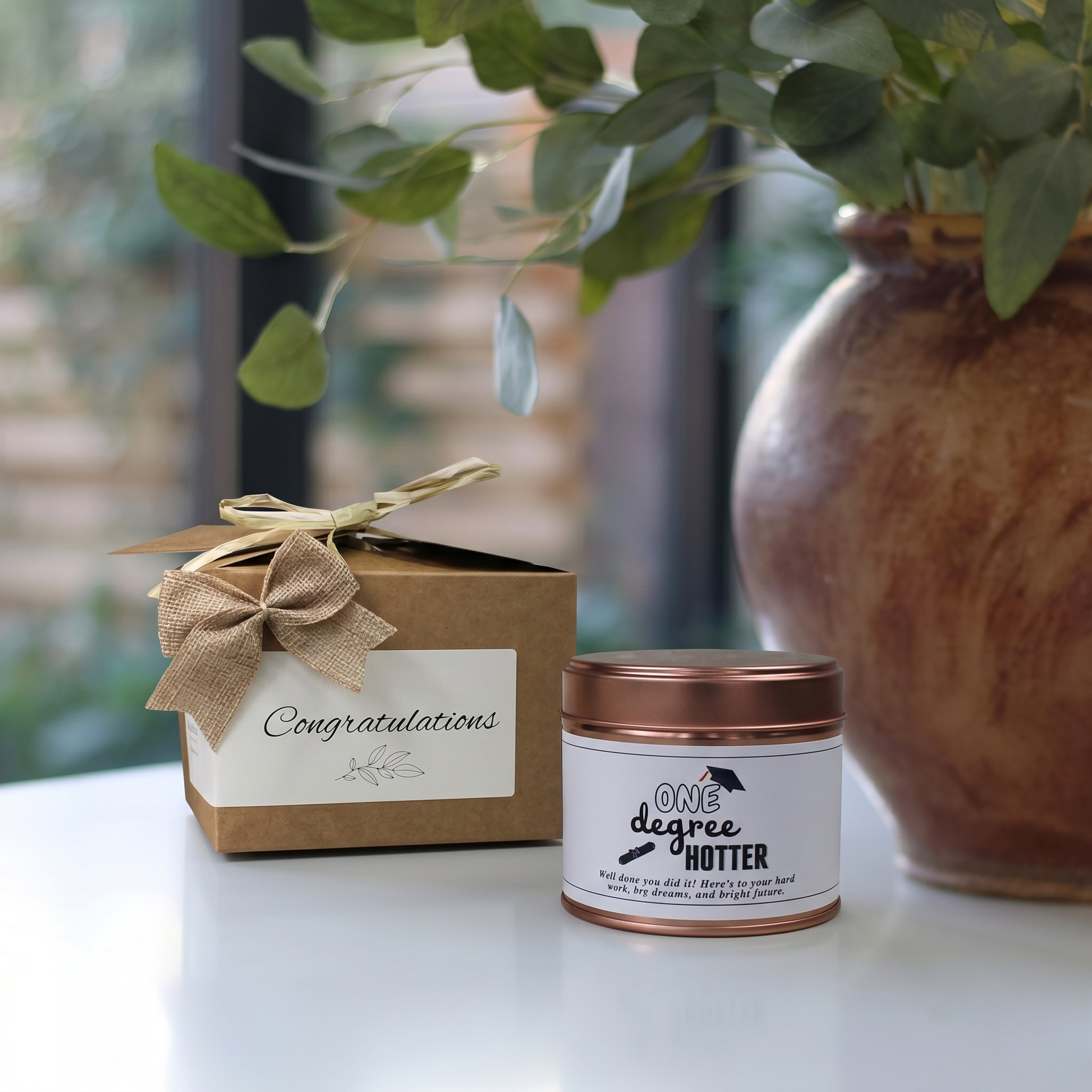 Custom one degree hotter celebration candle gift with personalized name and funny graduation message - Hideaway Home Fragrances