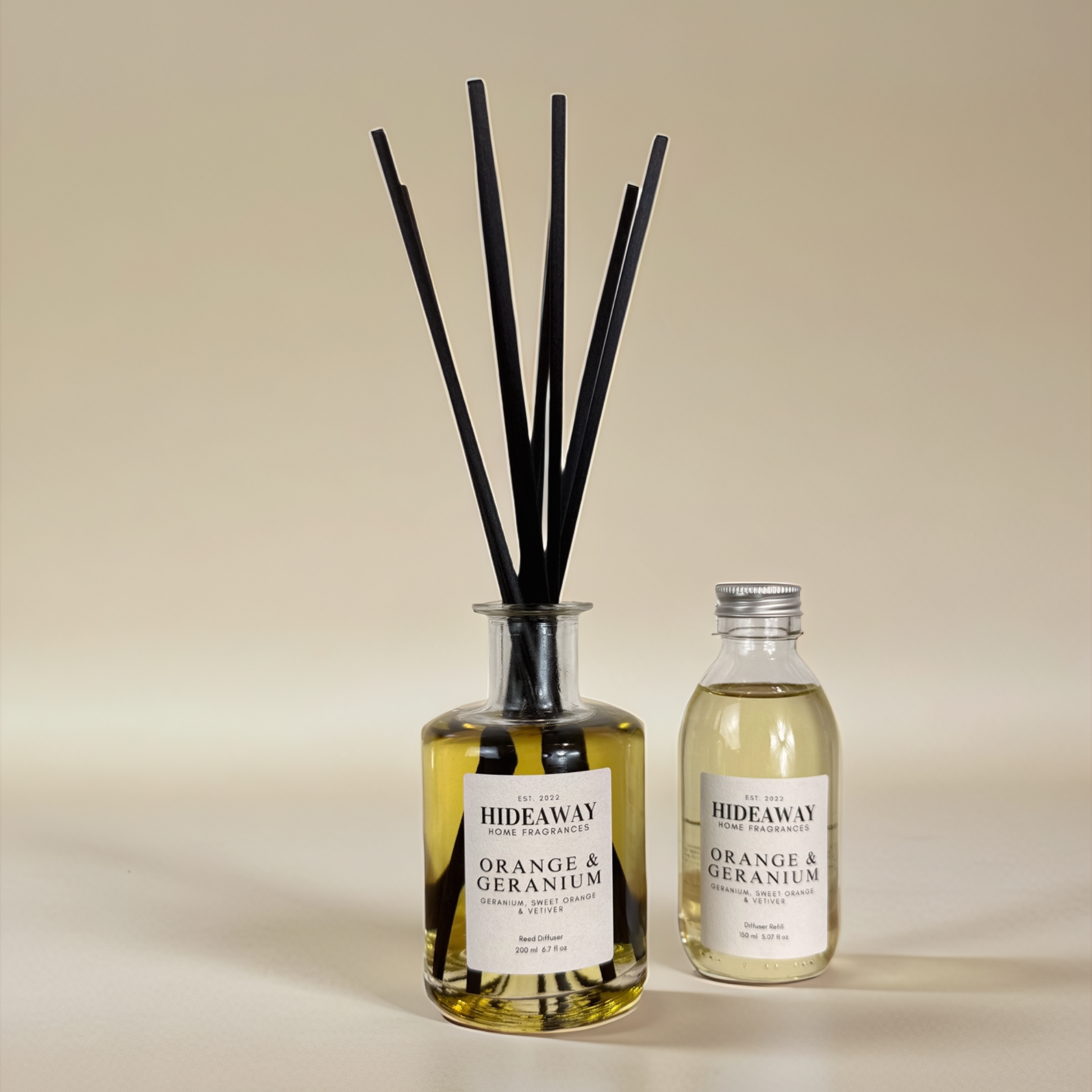 Elegant reed diffuser to promote clarity and calm with orange and geranium – Hideaway Home Fragrances
