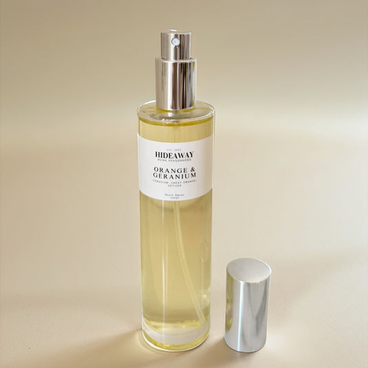 Orange and Geranium Room Spray with floral and citrus scent - Hideaway Home Fragrances