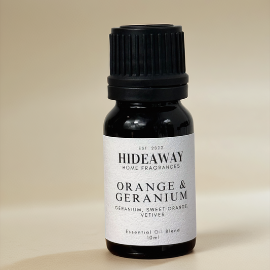 Bright Orange & Geranium Essential Oil with uplifting citrus, floral geranium, and grounding vetiver for a joyful summer scent — Hideaway Home Fragrances