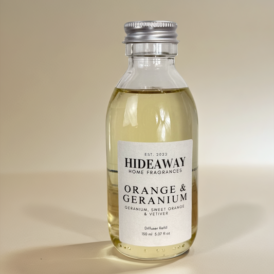 Orange & Geranium Reed Diffuser Refill with sweet orange, geranium, and vetiver – bright, floral, and grounding fragrance – Hideaway Home Fragrances