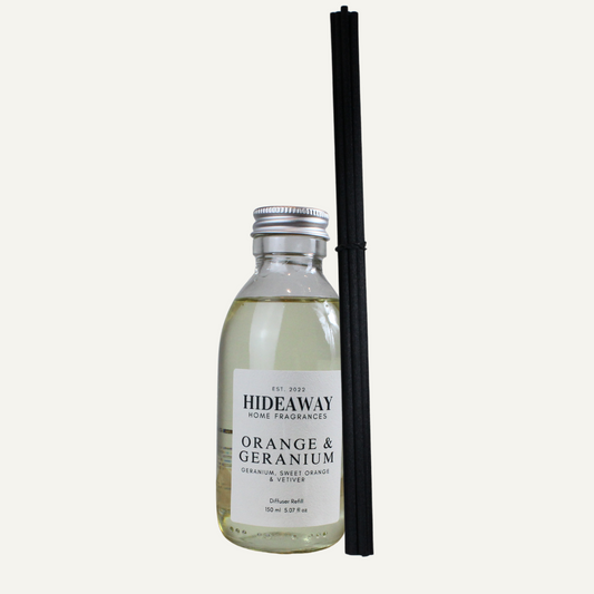 Orange & Geranium Reed Diffuser Refill with sweet orange, geranium, and vetiver – bright, floral, and grounding fragrance – Hideaway Home Fragrances