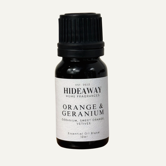 Bright Orange & Geranium Essential Oil with uplifting citrus, floral geranium, and grounding vetiver for a joyful summer scent — Hideaway Home Fragrances