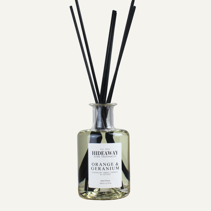 Orange and Geranium Reed Diffuser – Bright Floral Grounding Home Fragrance with Sweet Orange and Vetiver | Hideaway Home Fragrances