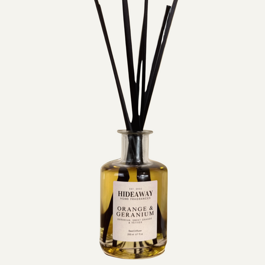 Orange & Geranium Reed Diffuser with sweet citrus and floral notes – Hideaway Home Fragrances