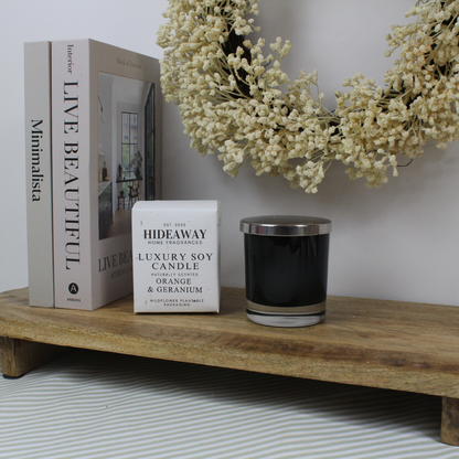 Bright and calming Orange & Geranium Candle blending citrus, floral geranium, and earthy vetiver – Hideaway Home Fragrances