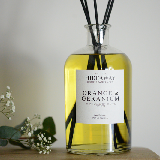 1 Litre Orange & Geranium Reed Diffuser to energise and calm your space - Hideaway Home Fragrances