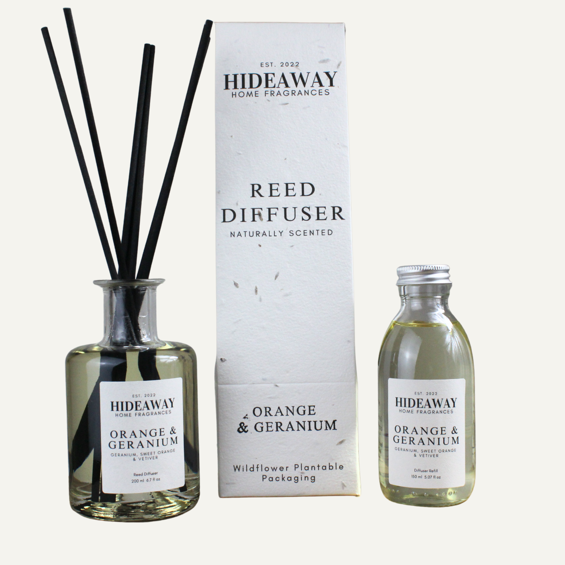Elegant Orange and Geranium Reed Diffuser – Bright Floral Grounding Fragrance with Citrus and Green Notes | Hideaway Home Fragrances