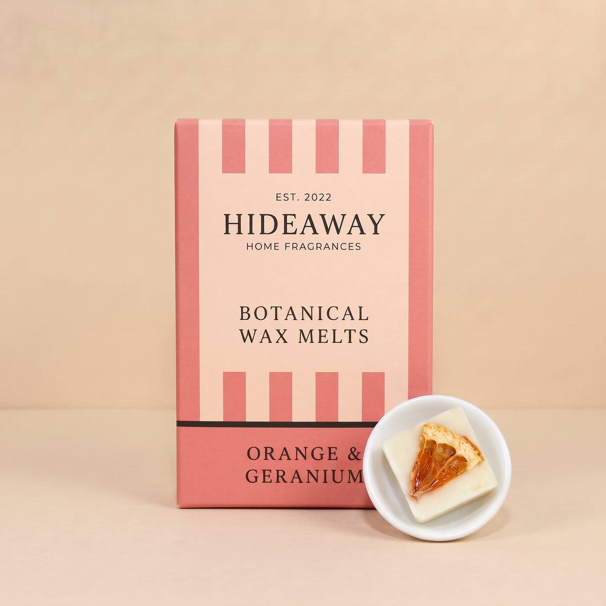 Hideaway Home Fragrances orange and geranium botanical wax melts infused with sweet orange, floral geranium, and earthy vetiver