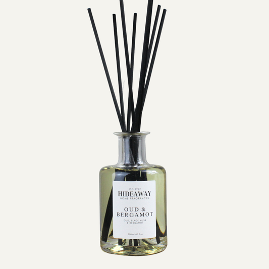 Oud and Bergamot Reed Diffuser – Smoky Spiced Sophisticated Home Fragrance with Bergamot and Clove | Hideaway Home Fragrances