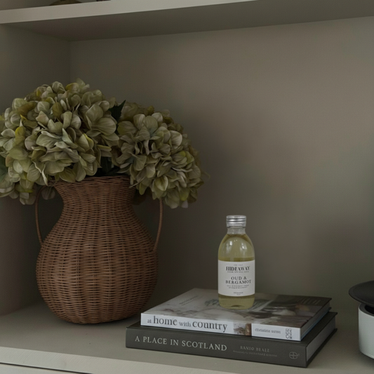 Oud & Bergamot reed diffuser, smoky citrus home fragrance with rich oud and warm spice