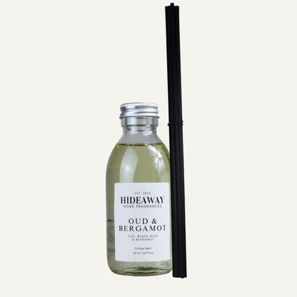 Oud & Bergamot Reed Diffuser Refill – Smoky Spiced Sophisticated Home Fragrance with Bergamot and Clove | Hideaway Home Fragrances