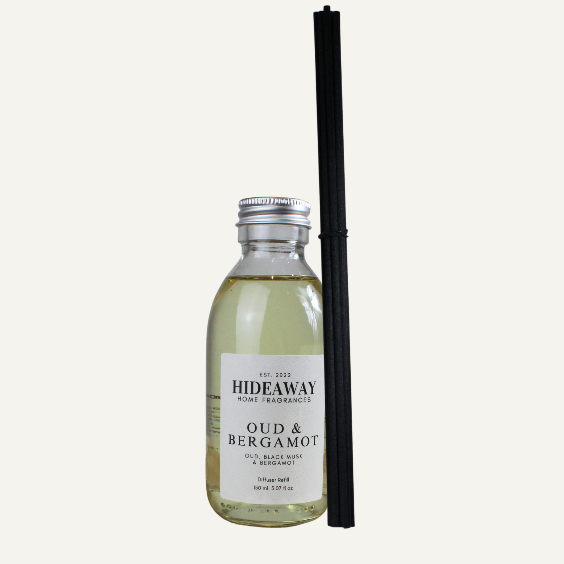 Oud & Bergamot Reed Diffuser Refill with bergamot, clove, oud, musk, and cinnamon – smoky, spiced, and sophisticated scent – Hideaway Home Fragrances