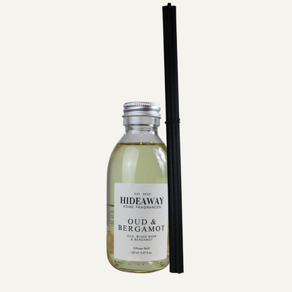 Oud & Bergamot Reed Diffuser Refill with bergamot, clove, oud, musk, and cinnamon – smoky, spiced, and sophisticated scent – Hideaway Home Fragrances