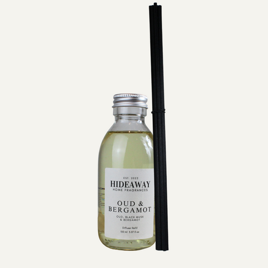 Oud & Bergamot Reed Diffuser Refill with bergamot, clove, oud, musk, and cinnamon – smoky, spiced, and sophisticated scent – Hideaway Home Fragrances