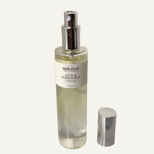 Oud and Bergamot Room Spray – smoky, spiced home fragrance with clove, cinnamon, and velvety musk - Hideaway Home Fragrances