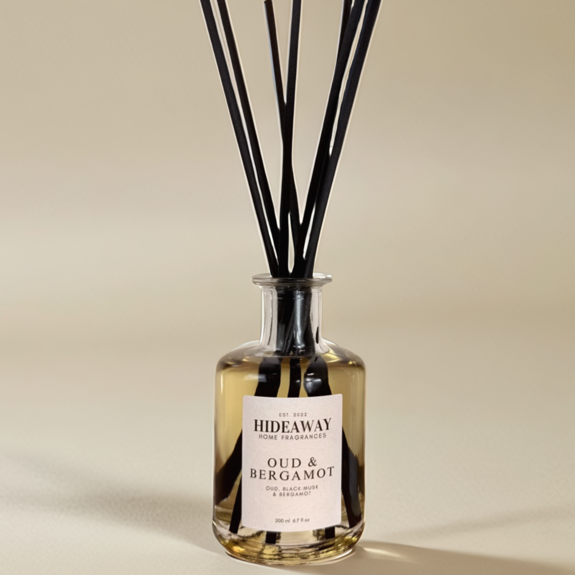 Oud & Bergamot Reed Diffuser with smoky spice and elegant musk in 200ml bottle - Hideaway Home Fragrances