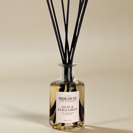 Oud & Bergamot Reed Diffuser with smoky spice and elegant musk in 200ml bottle - Hideaway Home Fragrances