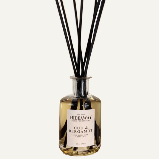 Oud & Bergamot Reed Diffuser with smoky spice and elegant musk in 200ml bottle - Hideaway Home Fragrances