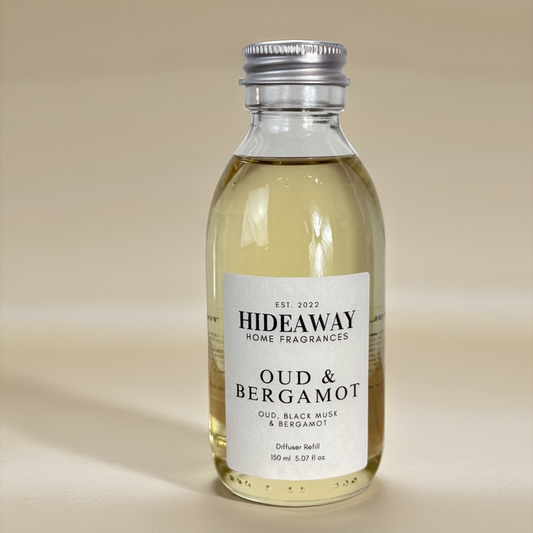 Oud & Bergamot Reed Diffuser Refill with bergamot, clove, oud, musk, and cinnamon – smoky, spiced, and sophisticated scent – Hideaway Home Fragrances