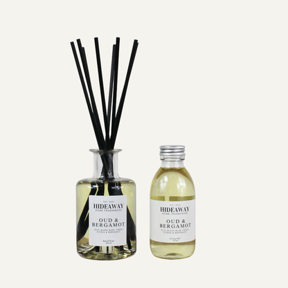 Modern smoky reed diffuser 200ml with oud, bergamot and clove, sophisticated home fragrance