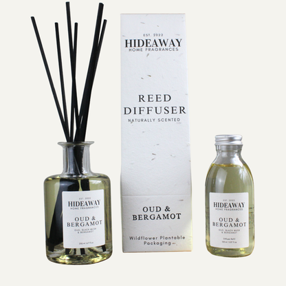 Elegant Oud and Bergamot Reed Diffuser – Smoky Spiced Sophisticated Home Scent with Citrus and Clove | Hideaway Home Fragrances