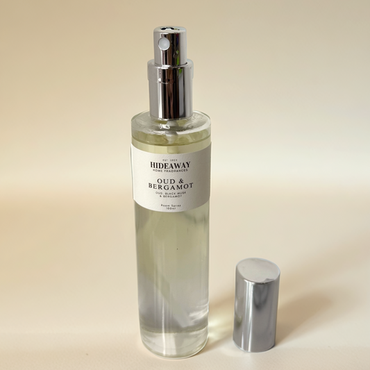 Oud and Bergamot Room Spray – smoky, spiced home fragrance with clove, cinnamon, and velvety musk - Hideaway Home Fragrances
