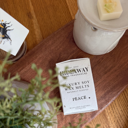 Six large Peace soy wax melts with uplifting, citrus, and balancing notes of lemon, neroli, and basil – Hideaway Home Fragrances