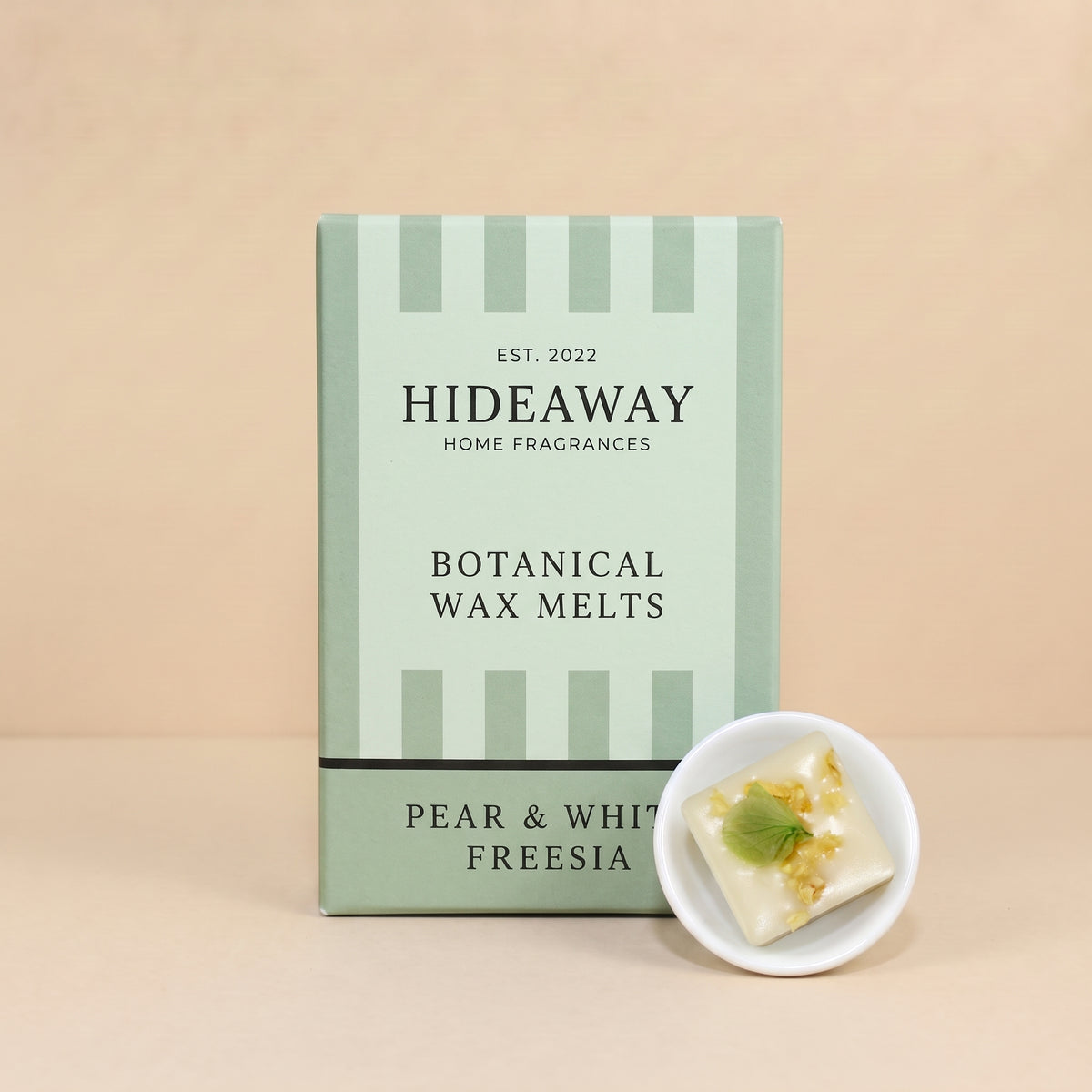 Hideaway Home Fragrances pear and white freesia botanical wax melts infused with ripe pear, white freesia, and warm amber