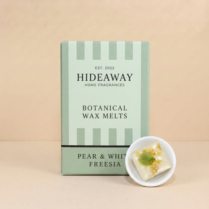 Hideaway Home Fragrances pear and white freesia botanical wax melts infused with ripe pear, white freesia, and warm amber