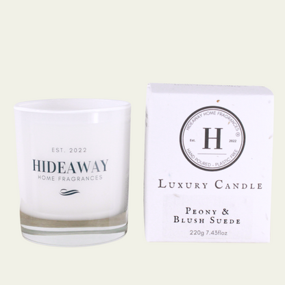 Peony & Blush Suede Luxury Candle - Hideaway Home Fragrances