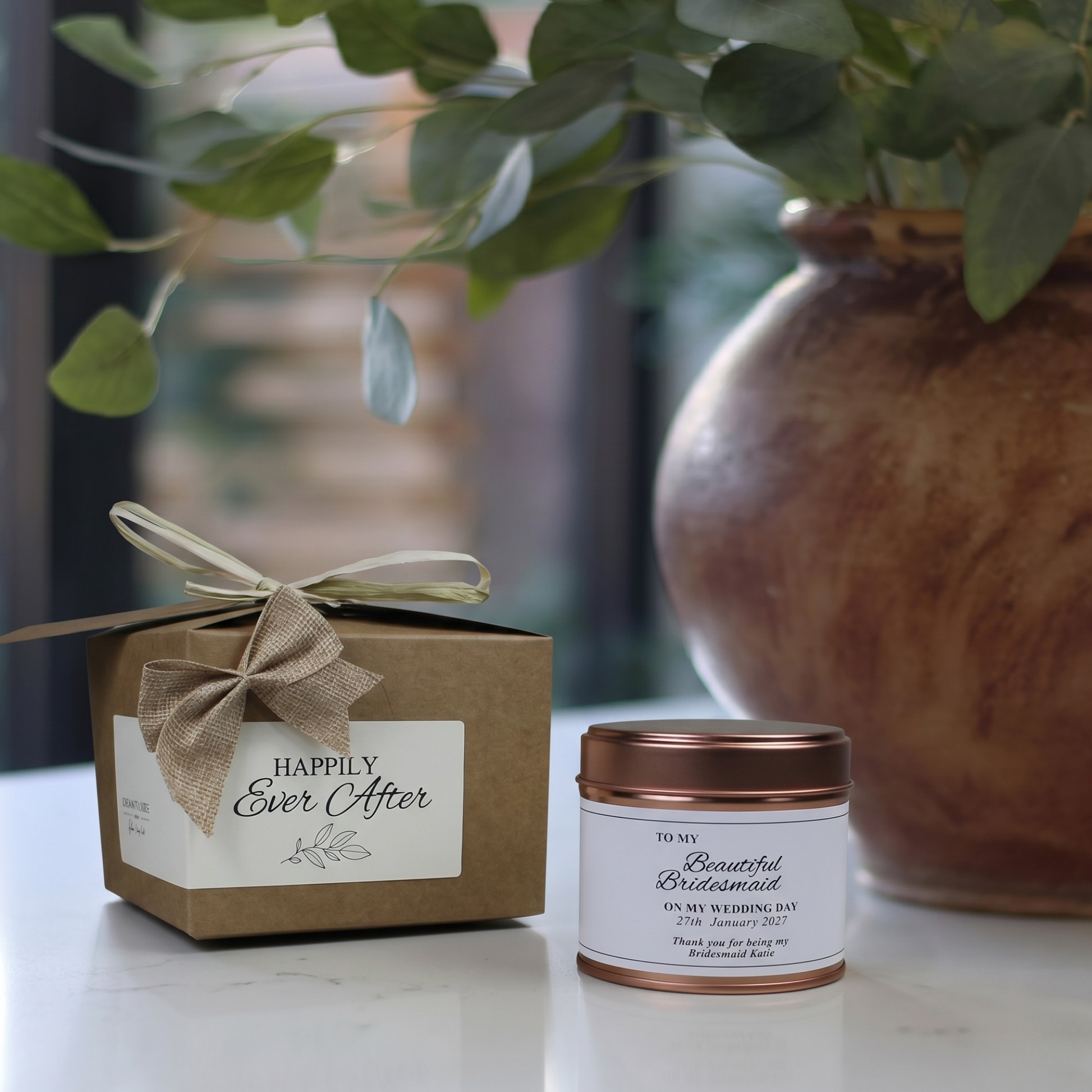 Ready-to-gift bridesmaid appreciation keepsake box containing a custom handmade soy candle and premium home diffuser – Hideaway Home Fragrances