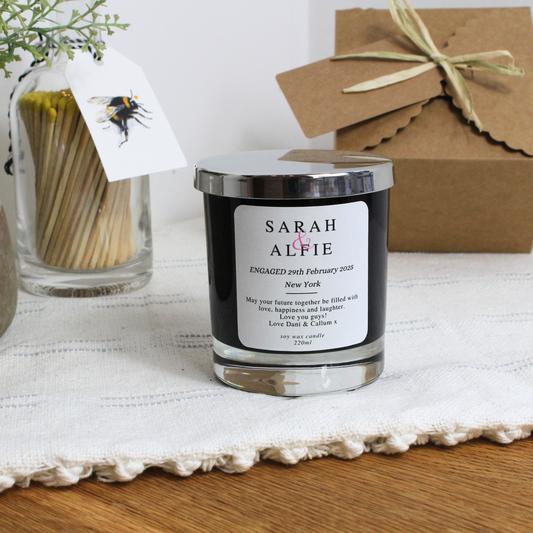 Personalised engagement candle gift for a wonderful couple with names and date – Hideaway Home Fragrances