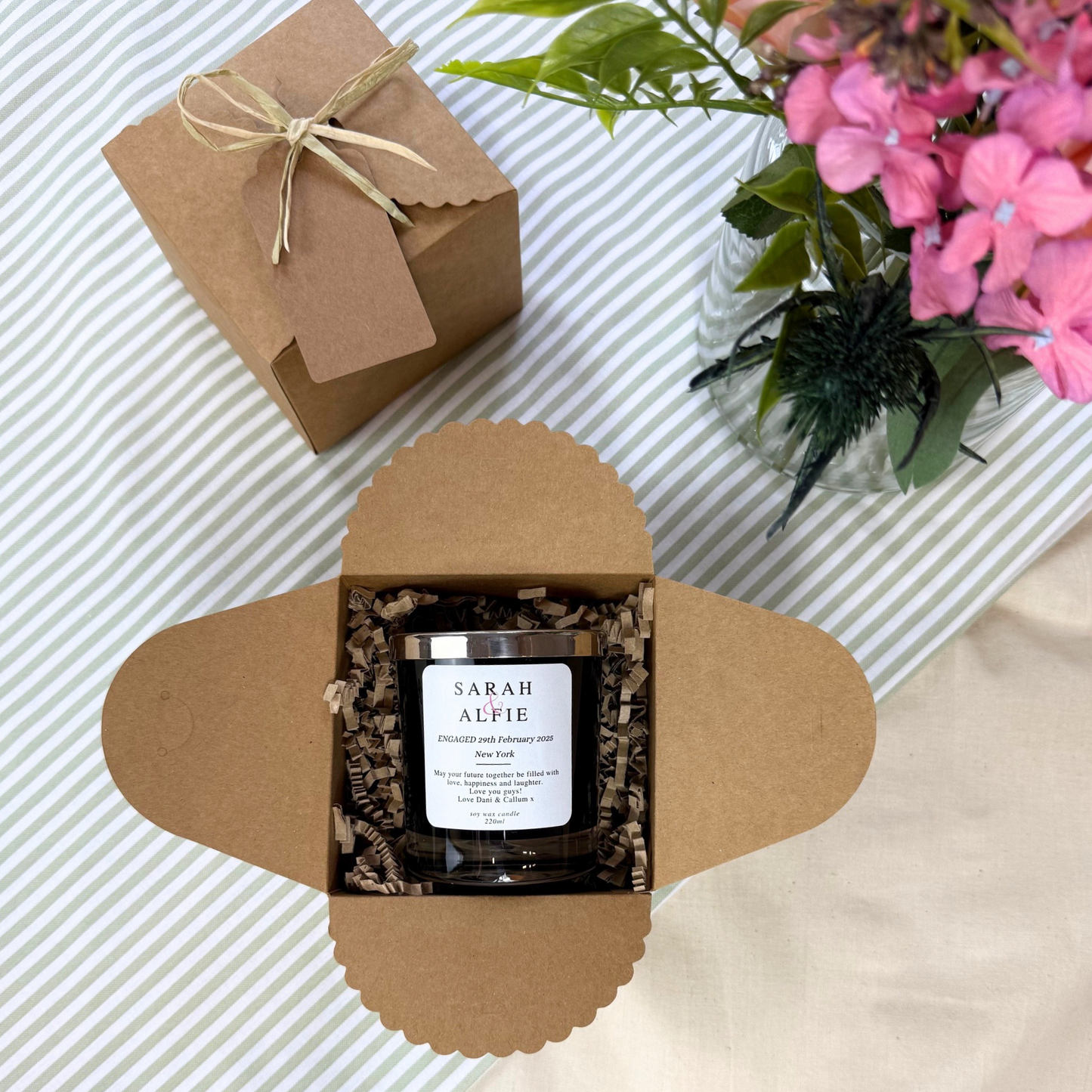 Elegant keepsake engagement candle with custom message for special couple – Hideaway Home Fragrances