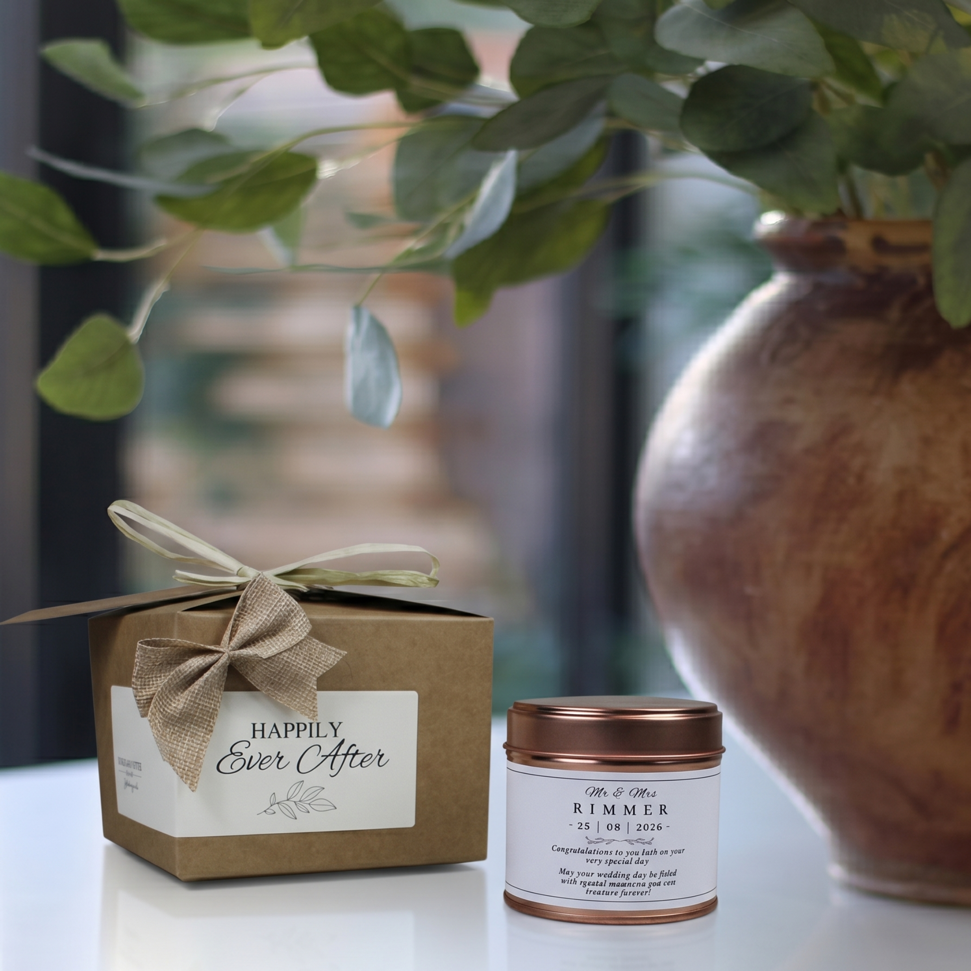 Ready-to-gift custom name wedding keepsake box containing a handmade soy candle and premium home diffuser – Hideaway Home Fragrances