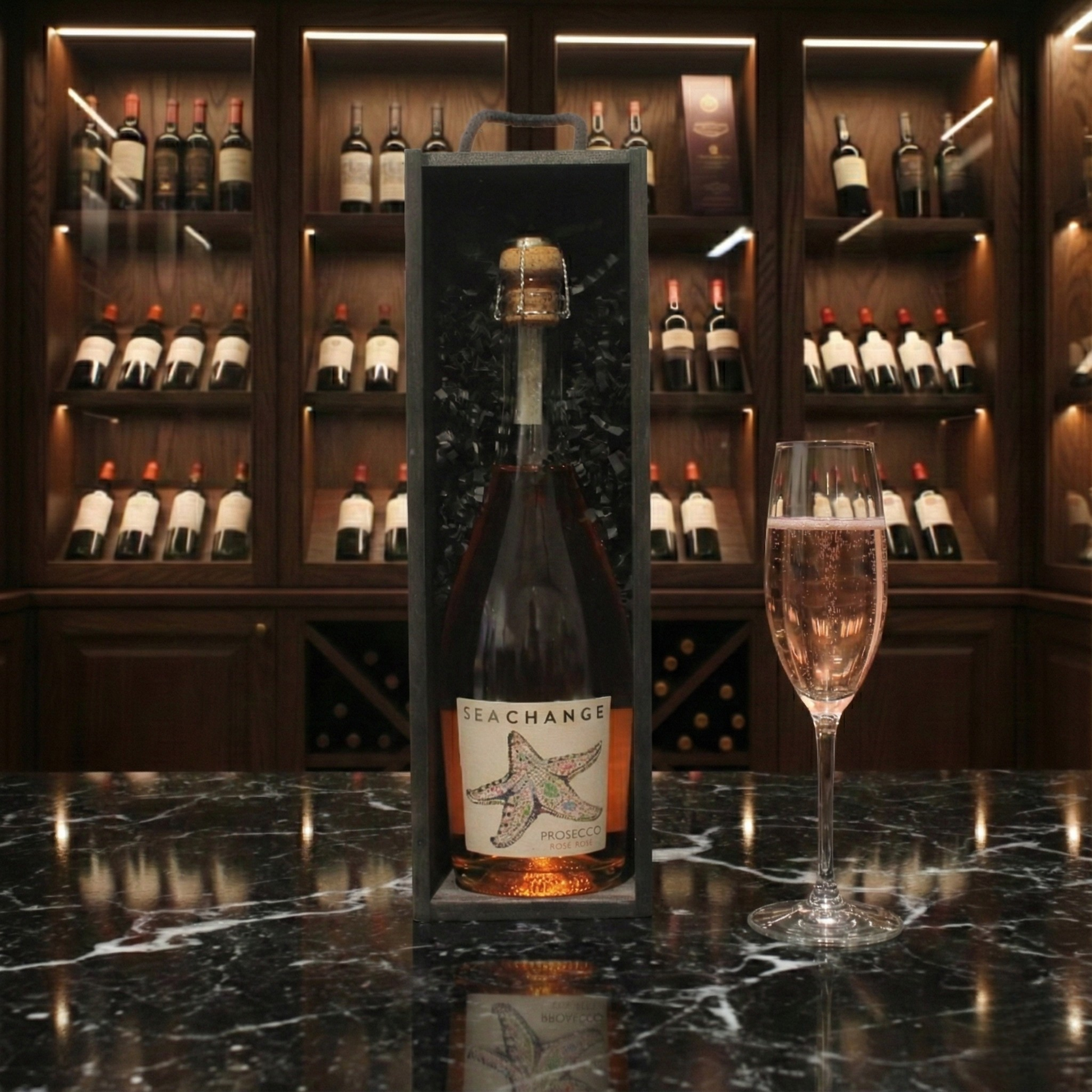 Sea Change Rosé Prosecco in eco-friendly, plastic-free packaging, crisp and refreshing sparkling rosé with delicate berry notes, supporting marine conservation charities.