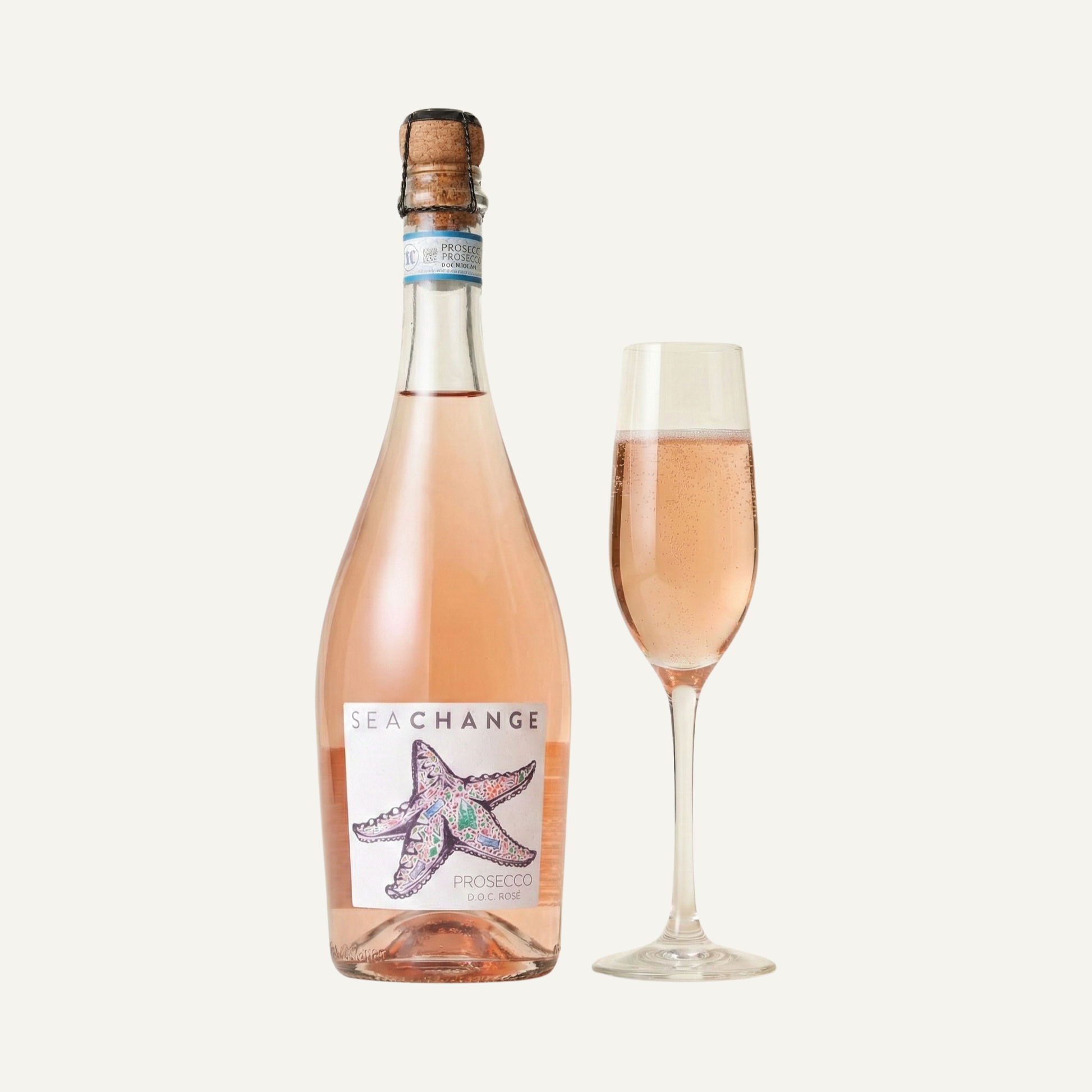 Sea Change Rosé Prosecco sparkling wine in eco-friendly, plastic-free packaging, crisp and refreshing rosé fizz with delicate berry notes, ethically produced and supporting marine conservation charities.