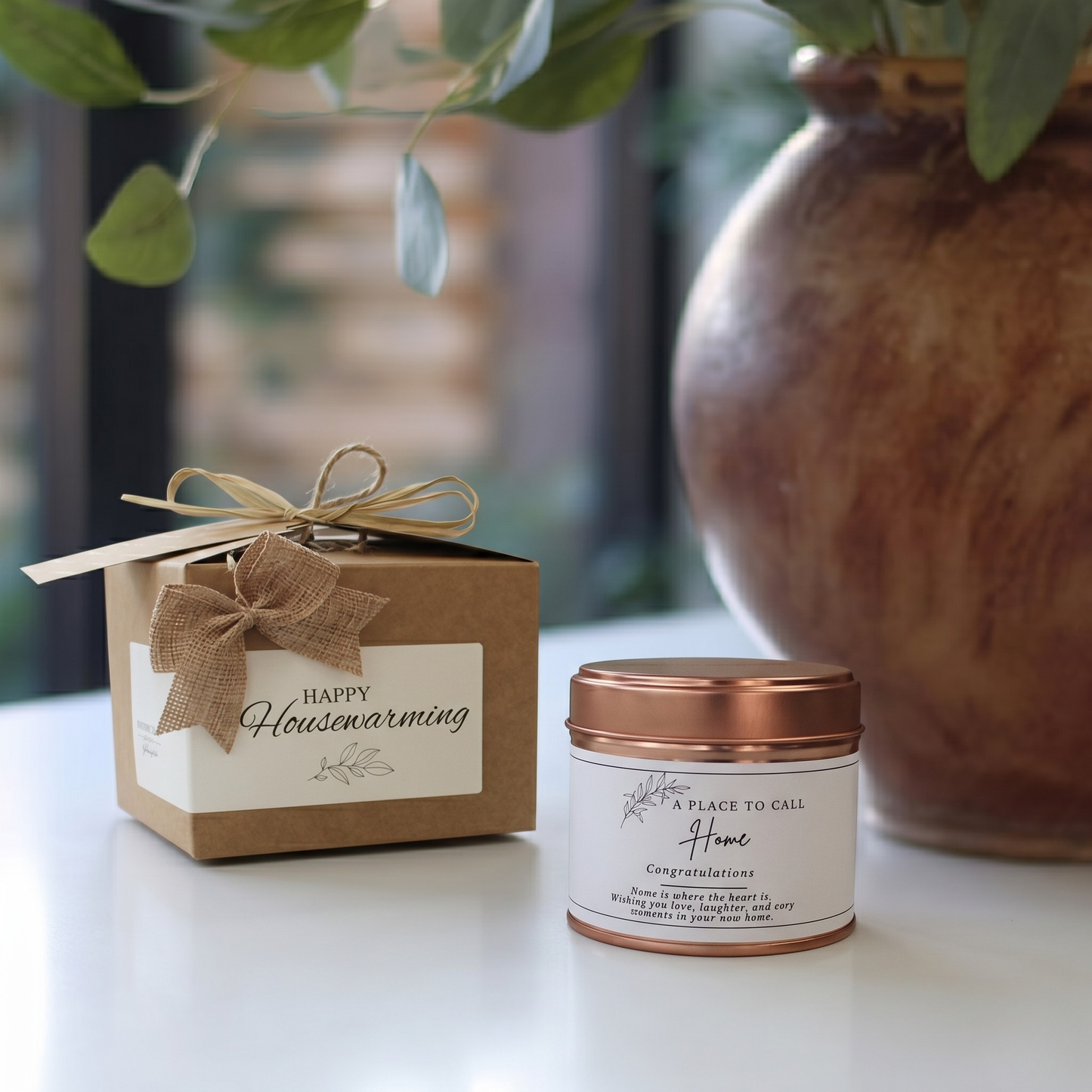 Custom housewarming care package gift box featuring a personalized new home milestone candle and matching home fragrance diffuser by Hideaway Home Fragrances.