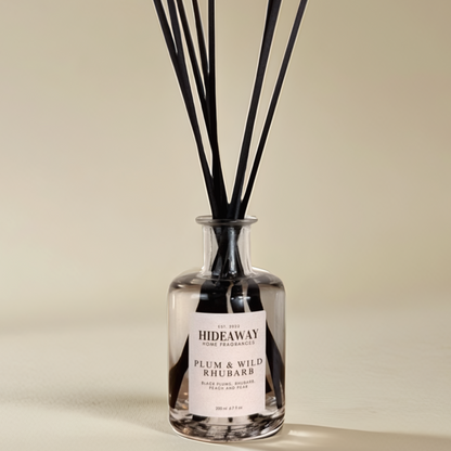 Plum & Wild Rhubarb Reed Diffuser with fruity, uplifting scent in 200ml bottle - Hideaway Home Fragrances