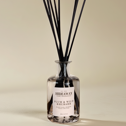 Plum & Wild Rhubarb Reed Diffuser with fruity, uplifting scent in 200ml bottle - Hideaway Home Fragrances