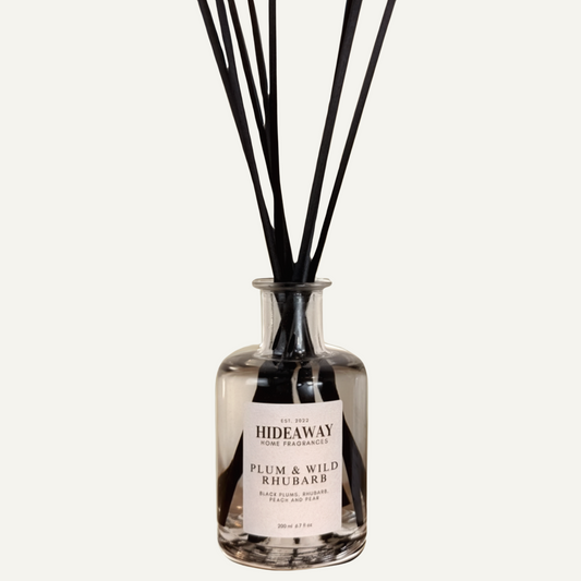 Plum & Wild Rhubarb Reed Diffuser with fruity, uplifting scent in 200ml bottle - Hideaway Home Fragrances