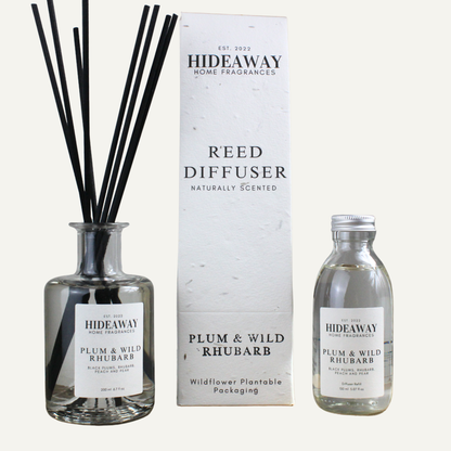 Elegant Plum and Wild Rhubarb Reed Diffuser – Juicy Tart Uplifting Fragrance for Small to Medium Rooms | Hideaway Home Fragrances