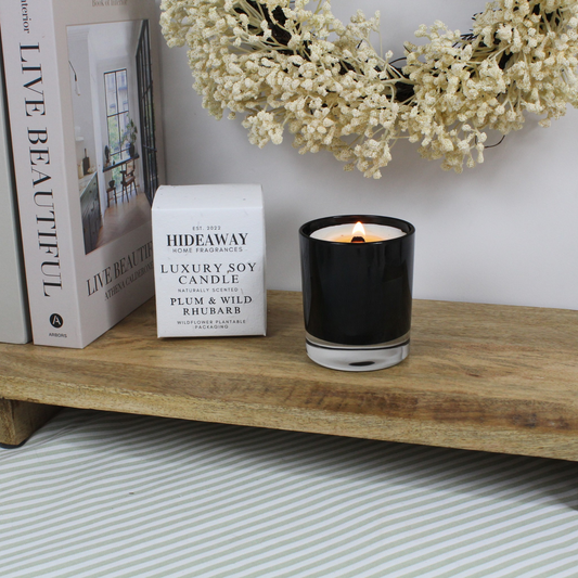 Plum & Wild Rhubarb Candle with sun-ripened plums, rhubarb, and grapefruit for a juicy, bright aroma – Hideaway Home Fragrances