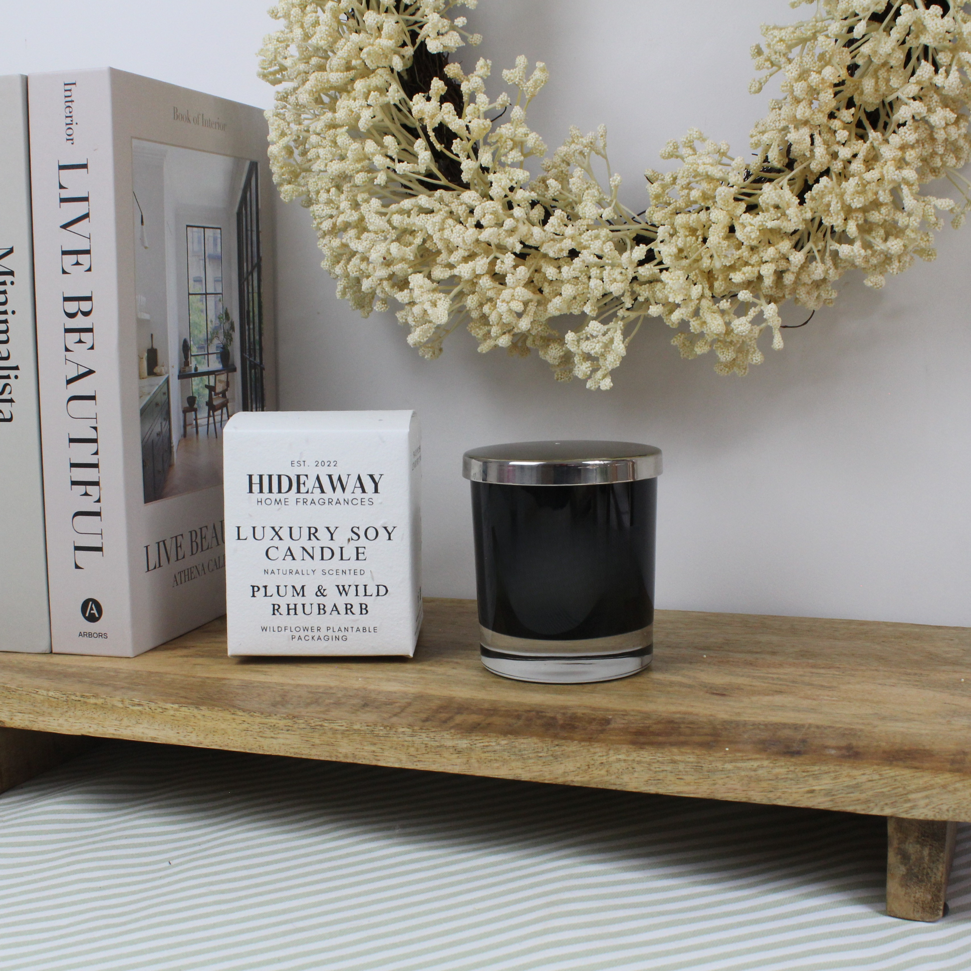 Bold and fruity Plum & Wild Rhubarb Candle with crushed berries, cedarwood, and soft vanilla for home luxury – Hideaway Home Fragrances