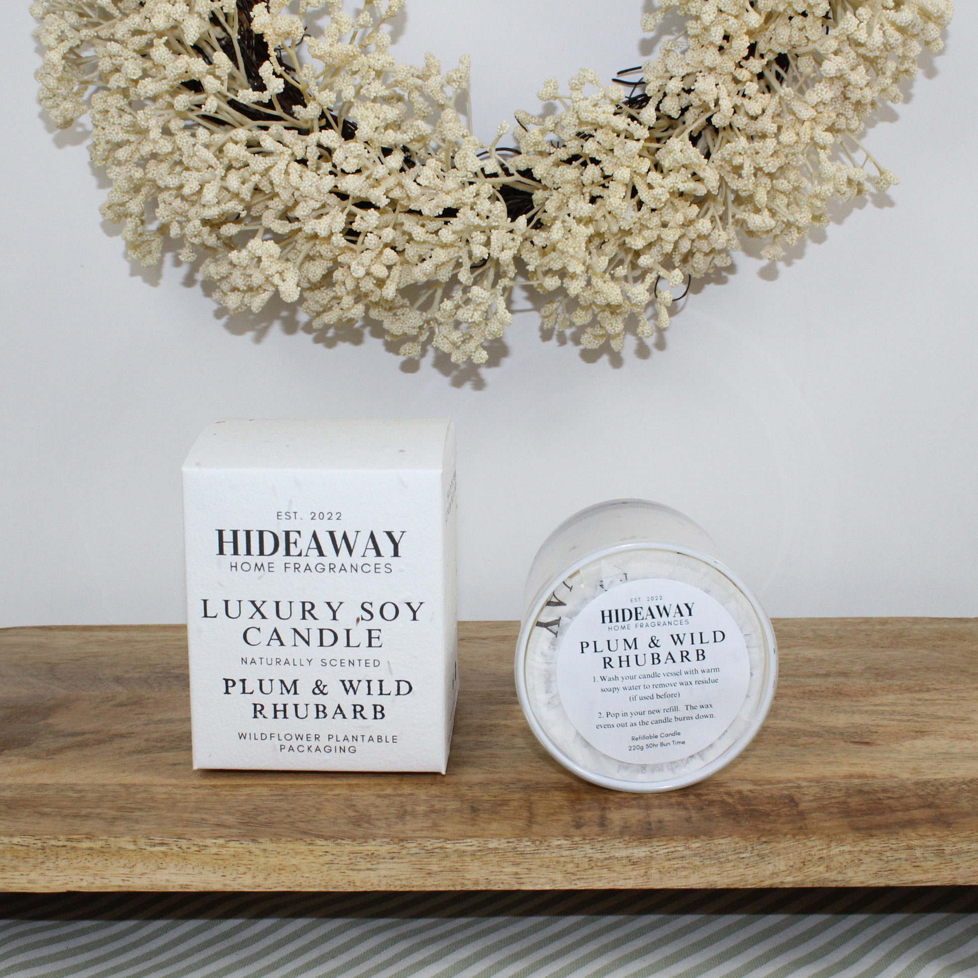 Vibrant Plum & Wild Rhubarb Candle capturing late summer orchard scents and playful citrus notes – Hideaway Home Fragrances